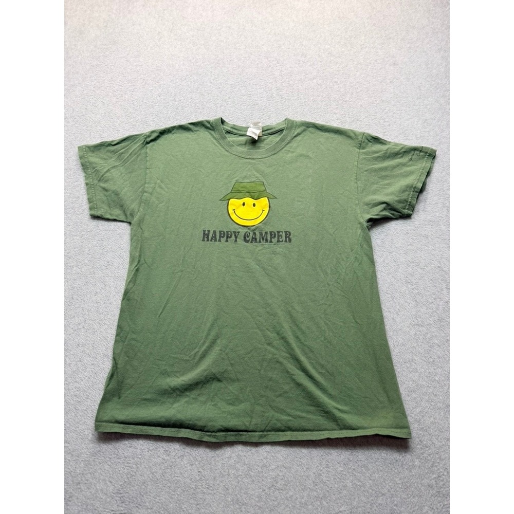 Y2K Mens Happy Camper Smiley Face Graphic T-Shirt Green XL 2001 Art Sun Co